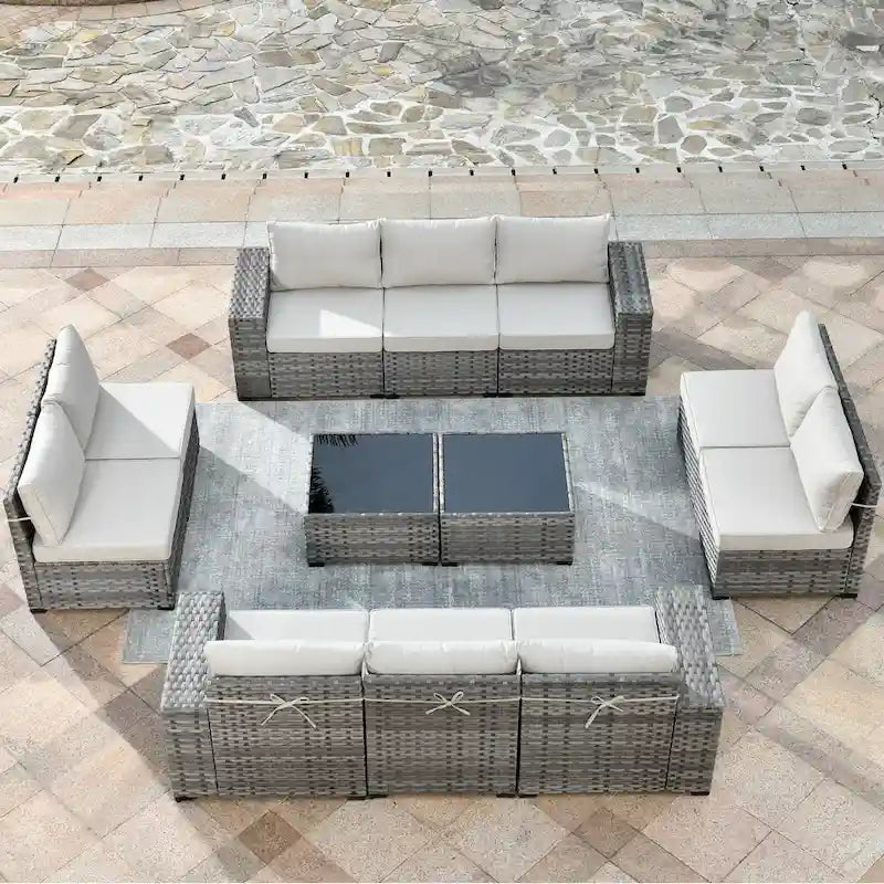 HOOOWOOO Ensemble de patio modulaire 12 pièces en rotin pour l'extérieur avec accoudoirs larges