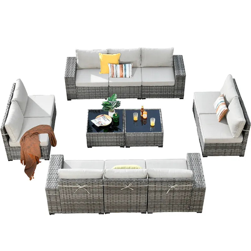 HOOOWOOO Ensemble de patio modulaire 12 pièces en rotin pour l'extérieur avec accoudoirs larges