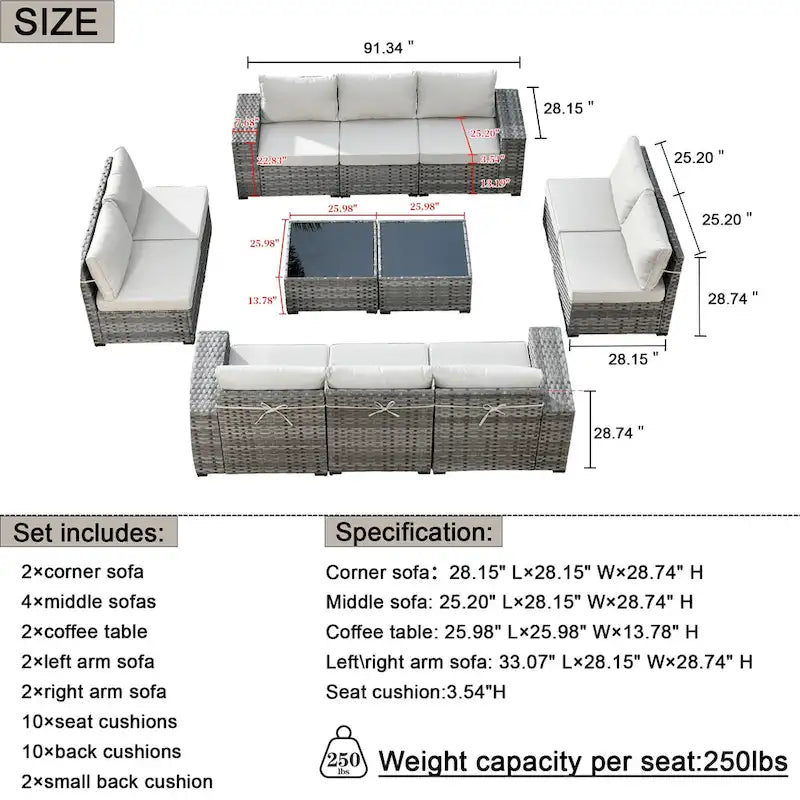HOOOWOOO Ensemble de patio modulaire 12 pièces en rotin pour l'extérieur avec accoudoirs larges
