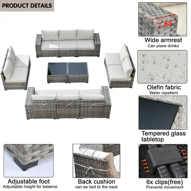 HOOOWOOO Ensemble de patio modulaire 12 pièces en rotin pour l'extérieur avec accoudoirs larges