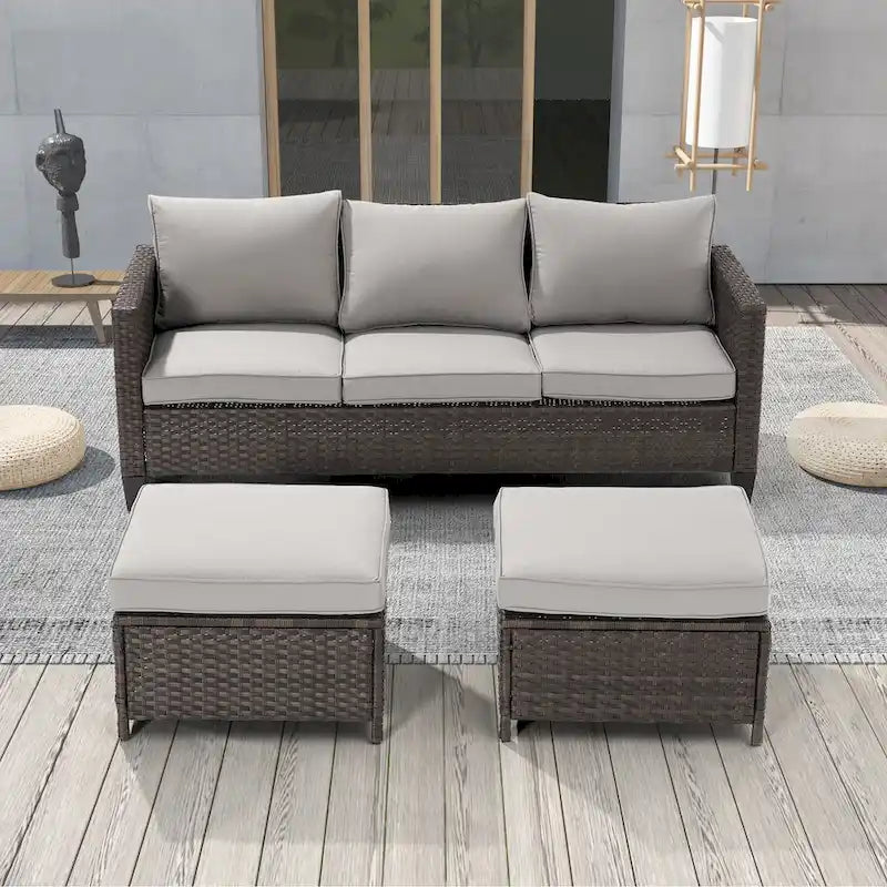 LIVOOSUN 3Pcs Patio Furniture Conversation Brown Rattan Patio Sofa Set
