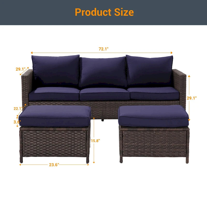 LIVOOSUN Ensemble de 3 pièces de mobilier de terrasse en rotin marron avec canapé