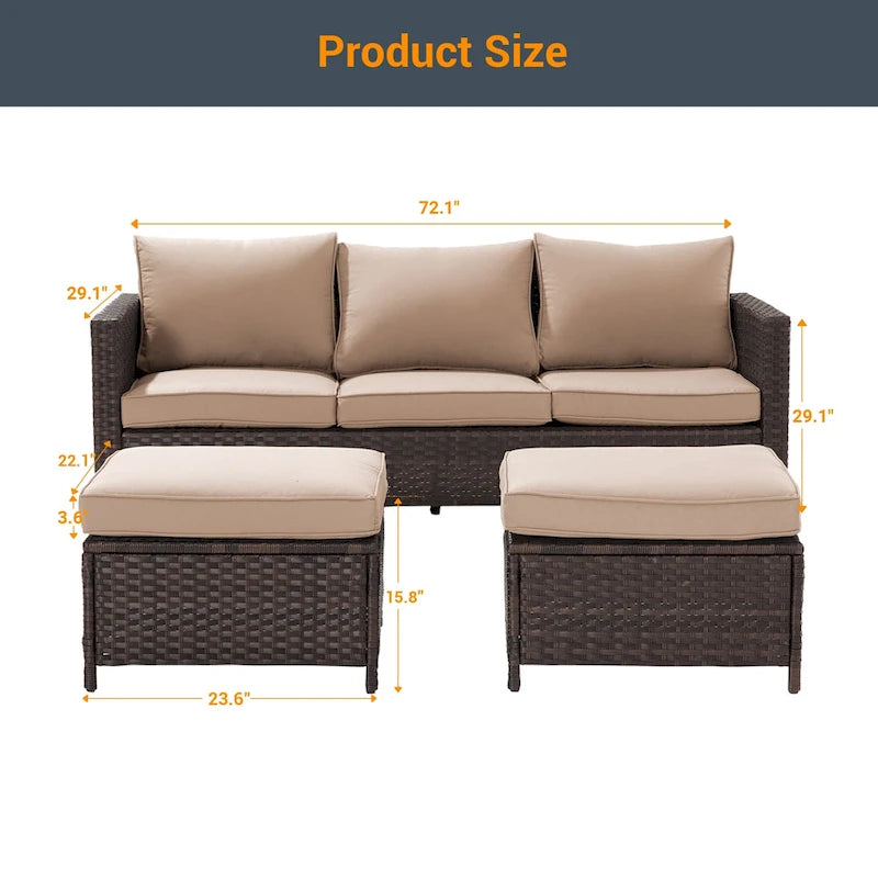 LIVOOSUN Ensemble de 3 pièces de mobilier de terrasse en rotin marron avec canapé