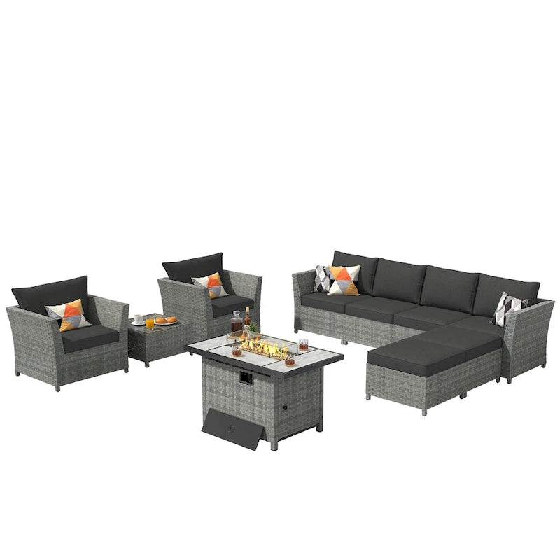 Canapé d'angle d'extérieur XIZZI 10 pièces en rotin et osier avec foyer