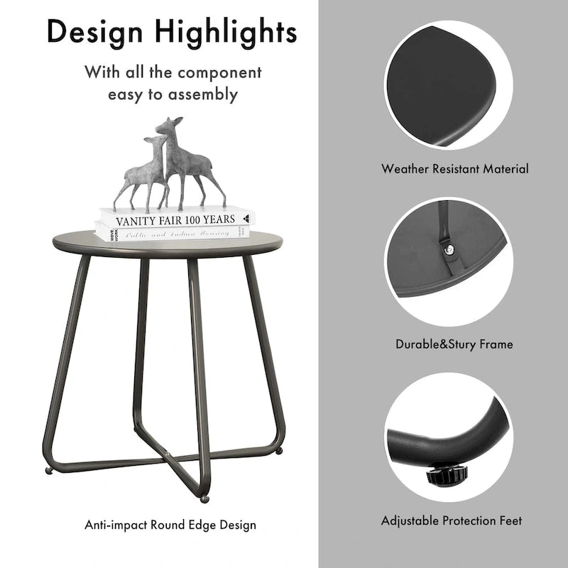 Table d'appoint en acier traité par électrodéposition, table d'appoint ronde de 45 cm résistante aux intempéries pour balcon de bistro ou appartement