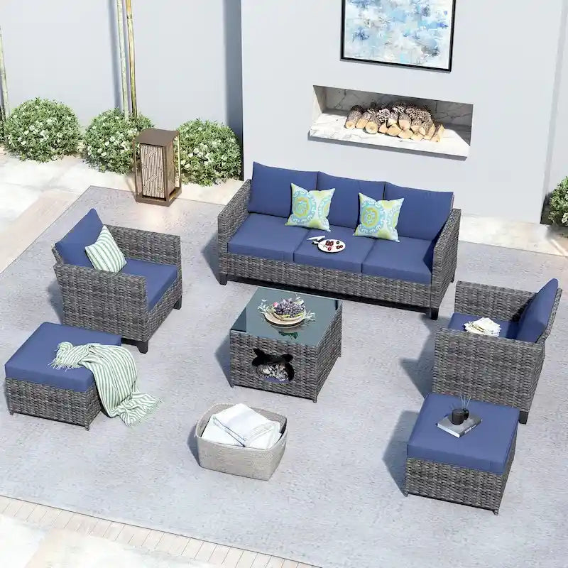 OVIOS Ensemble de conversation sectionnel en osier 6 pièces pour patio avec table de rangement en forme de tête de chat