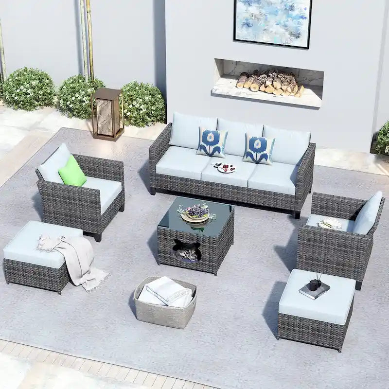OVIOS Ensemble de conversation sectionnel en osier 6 pièces pour patio avec table de rangement en forme de tête de chat
