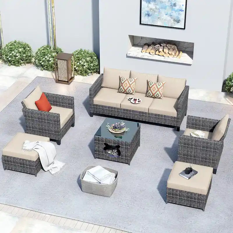 OVIOS Ensemble de conversation sectionnel en osier 6 pièces pour patio avec table de rangement en forme de tête de chat