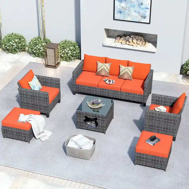 OVIOS Ensemble de conversation sectionnel en osier 6 pièces pour patio avec table de rangement en forme de tête de chat