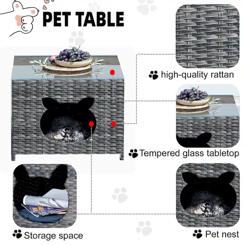 OVIOS Ensemble de conversation sectionnel en osier 6 pièces pour patio avec table de rangement en forme de tête de chat