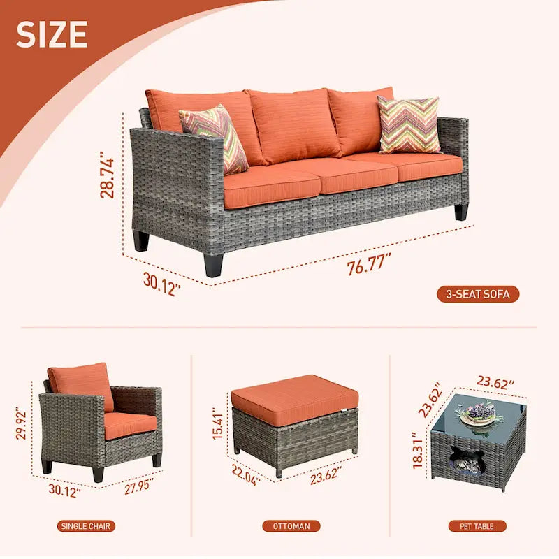 OVIOS Ensemble de conversation sectionnel en osier 6 pièces pour patio avec table de rangement en forme de tête de chat