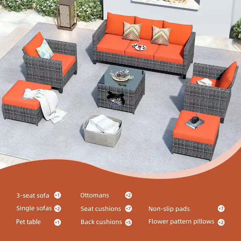 OVIOS Ensemble de conversation sectionnel en osier 6 pièces pour patio avec table de rangement en forme de tête de chat