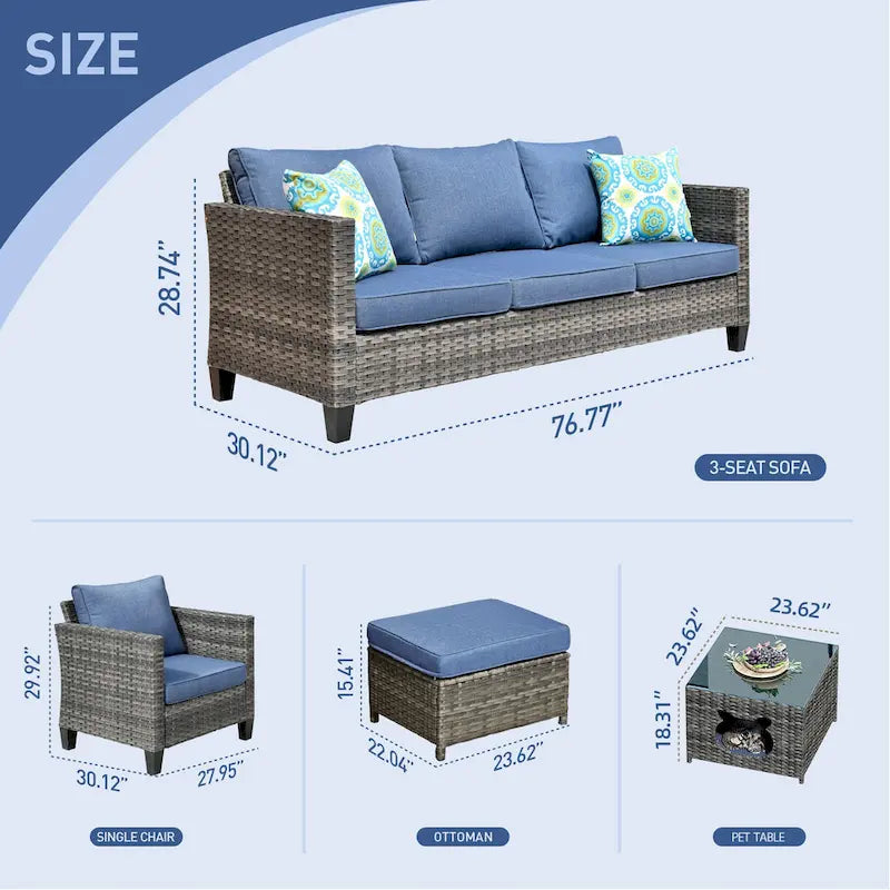 OVIOS Ensemble de conversation sectionnel en osier 6 pièces pour patio avec table de rangement en forme de tête de chat