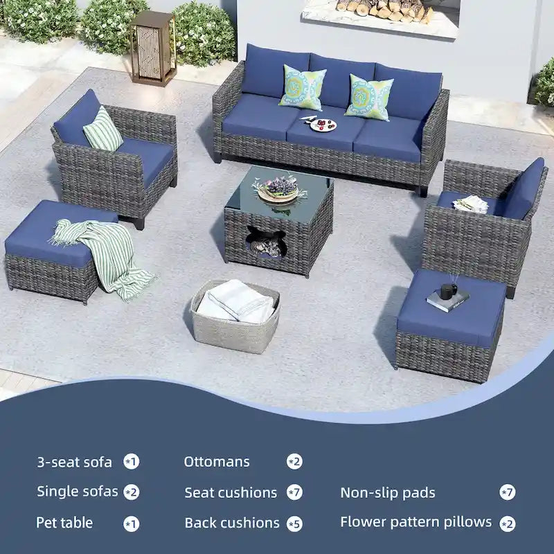 OVIOS Ensemble de conversation sectionnel en osier 6 pièces pour patio avec table de rangement en forme de tête de chat