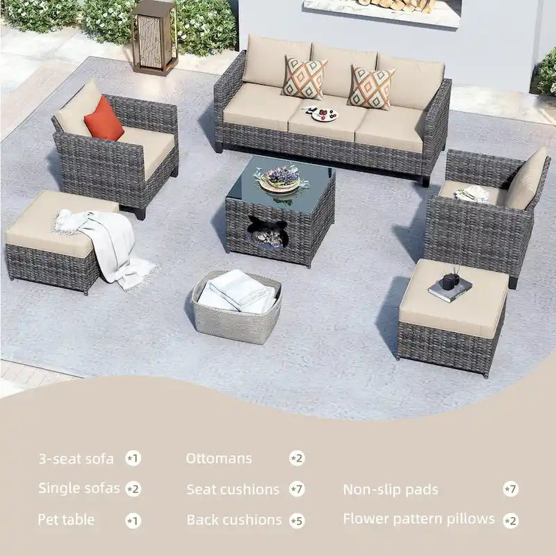 OVIOS Ensemble de conversation sectionnel en osier 6 pièces pour patio avec table de rangement en forme de tête de chat