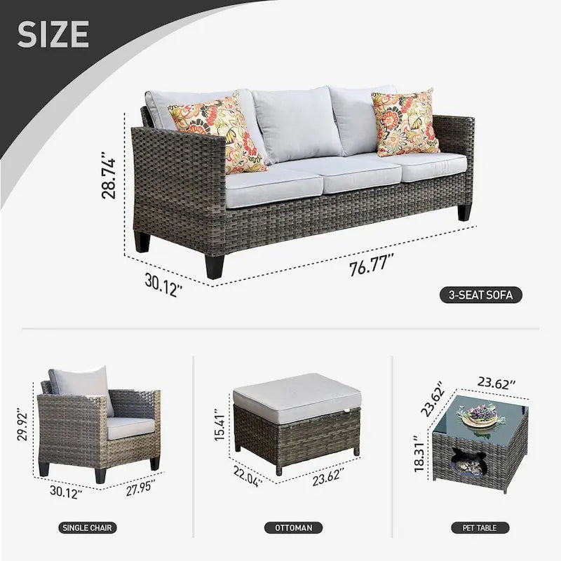 OVIOS Ensemble de conversation sectionnel en osier 6 pièces pour patio avec table de rangement en forme de tête de chat