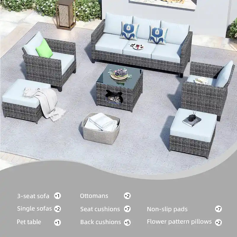 OVIOS Ensemble de conversation sectionnel en osier 6 pièces pour patio avec table de rangement en forme de tête de chat