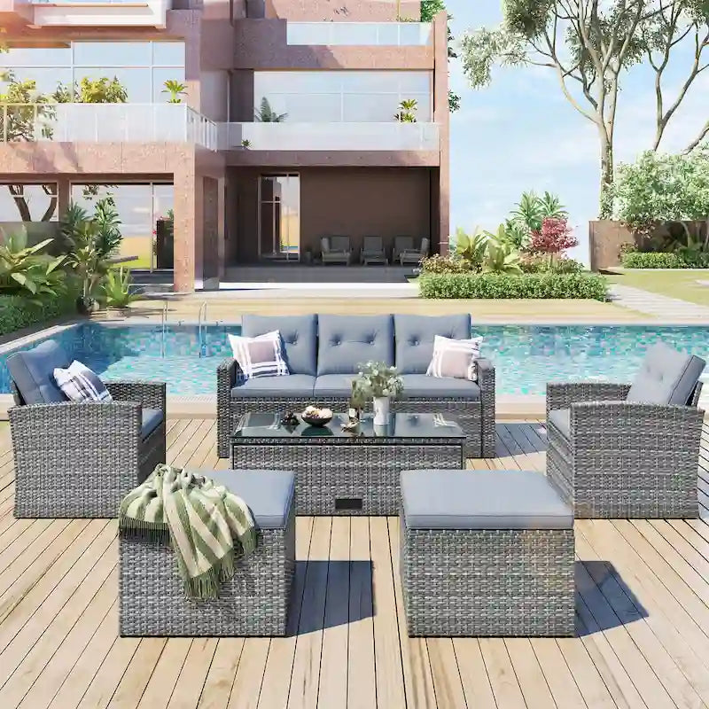6-piece All-Weather Wicker PE rattan Patio Outdoor Dining Conversation Sectional Set with coffee table