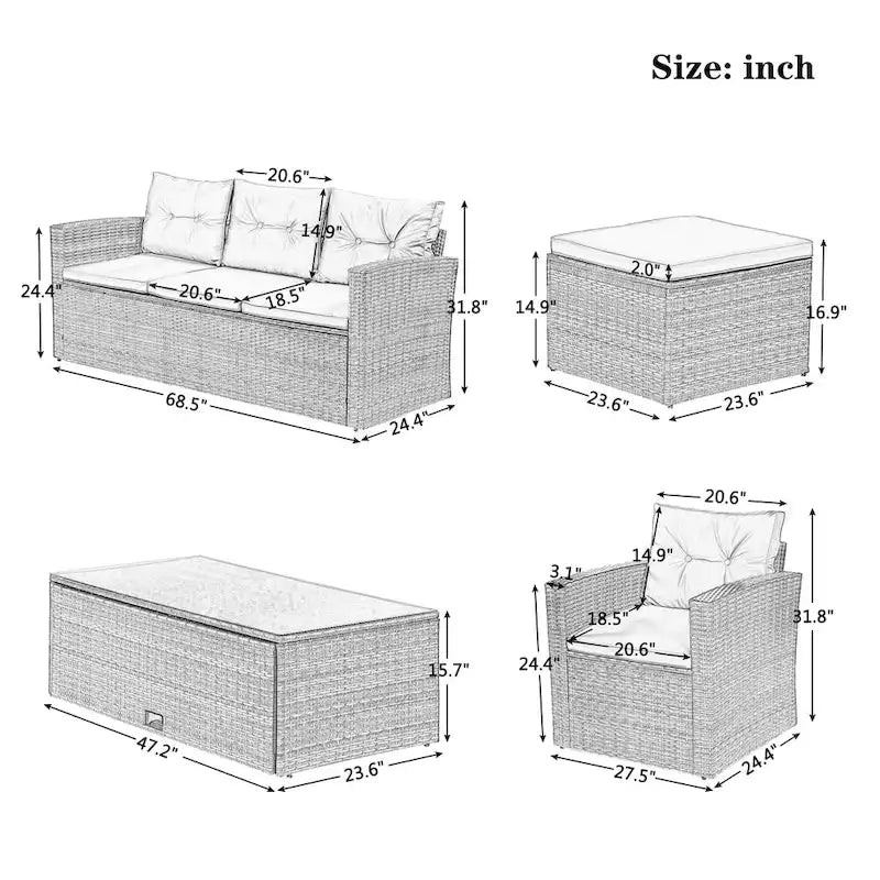 Ensemble de salle à manger/salon d'extérieur sectionnel en rotin PE et osier tout temps 6 pièces avec table basse