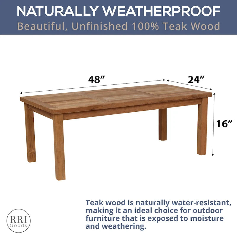 Table basse d'extérieur rectangulaire en teck RRI Goods 24X 48 pour patio, balcon, pelouse, terrasse, jardin