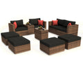 10 Pieces Wicker Sectional Conversation Sofa Set with Black Cushions and Red Pillows