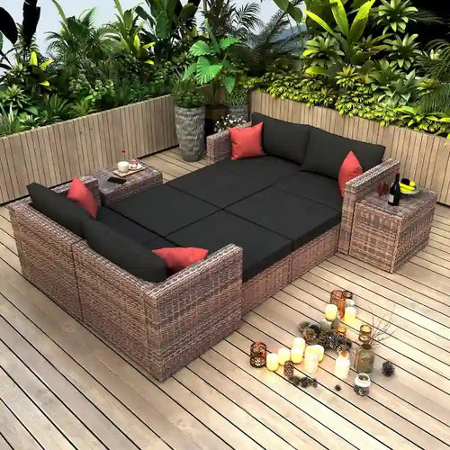 Ensemble de canapés modulables 10 pièces en osier avec coussins noirs et oreillers rouges