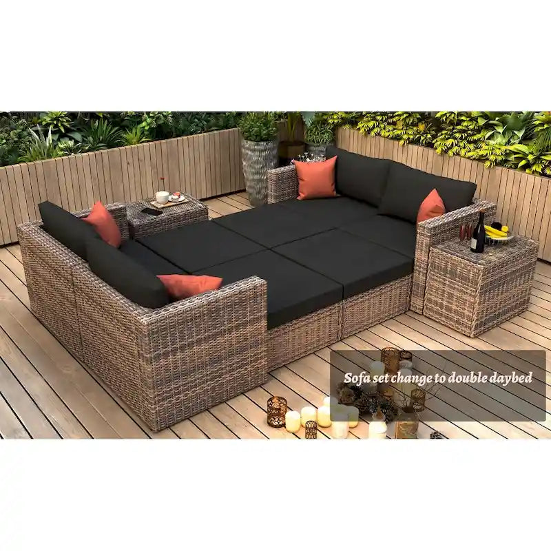 Ensemble de canapés modulables 10 pièces en osier avec coussins noirs et oreillers rouges