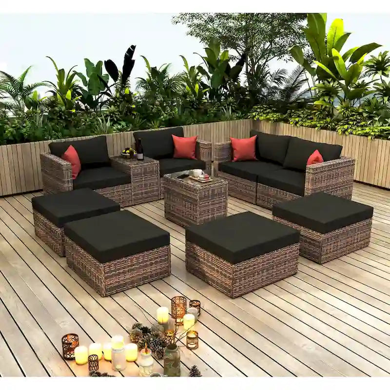 Ensemble de canapés modulables 10 pièces en osier avec coussins noirs et oreillers rouges