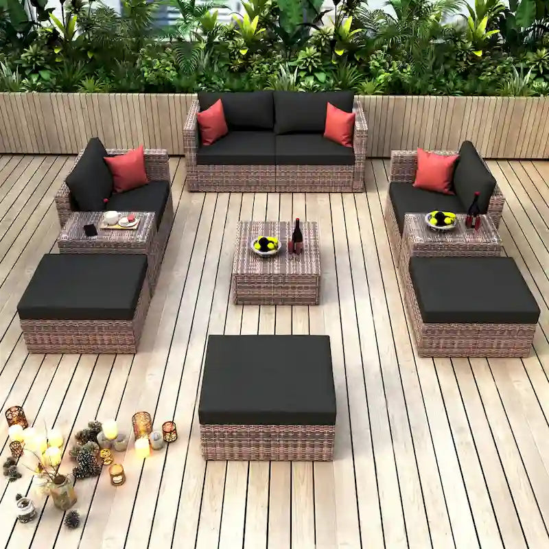 Ensemble de canapés modulables 10 pièces en osier avec coussins noirs et oreillers rouges