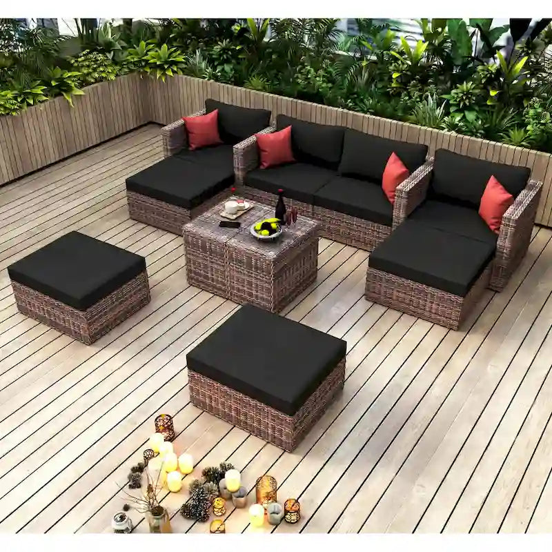 Ensemble de canapés modulables 10 pièces en osier avec coussins noirs et oreillers rouges