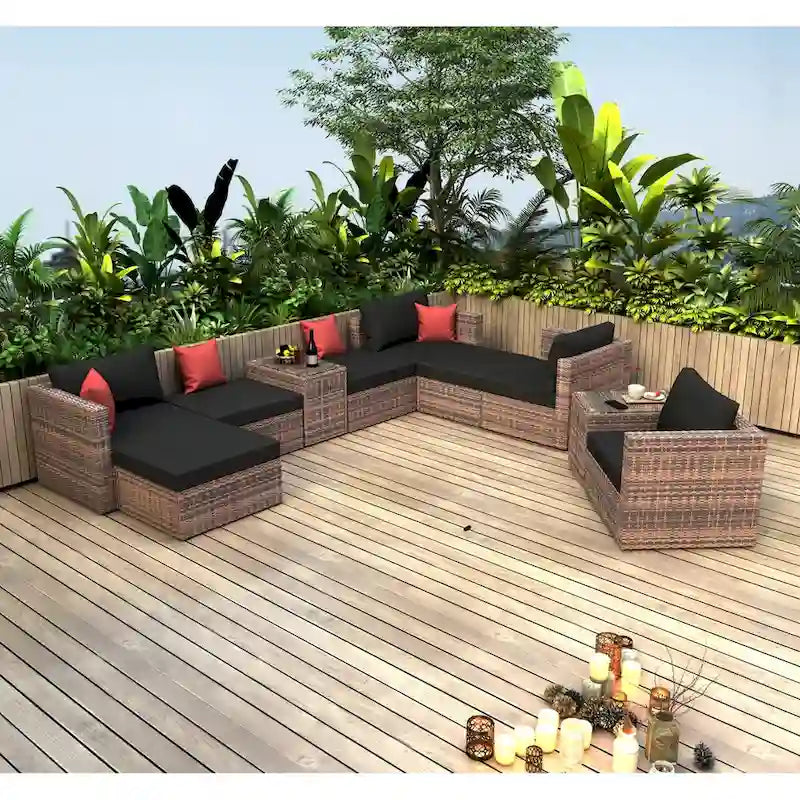 Ensemble de canapés modulables 10 pièces en osier avec coussins noirs et oreillers rouges