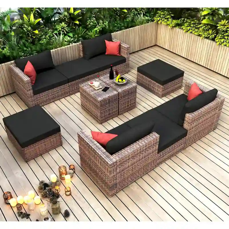 Ensemble de canapés modulables 10 pièces en osier avec coussins noirs et oreillers rouges