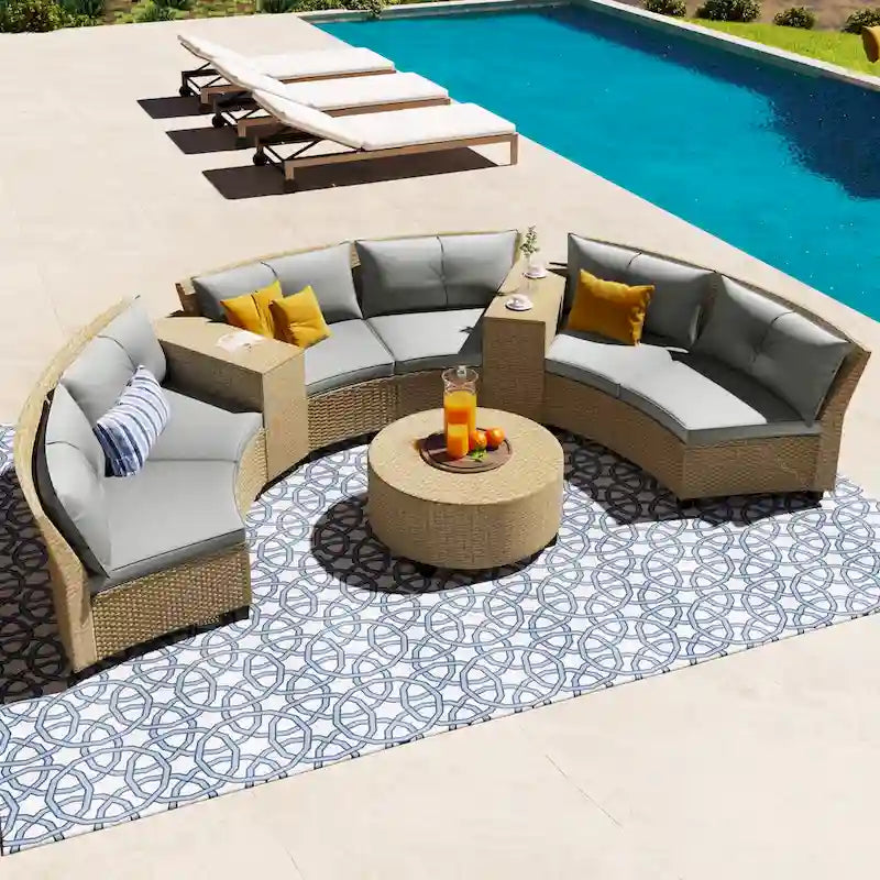 U_Style 6 - Person Fan-shaped Rattan Suit Combination with Cushions