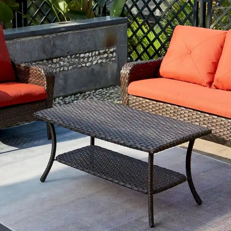 Table basse d'extérieur en osier Pocassy avec étagère de rangement à 2 niveaux Marron