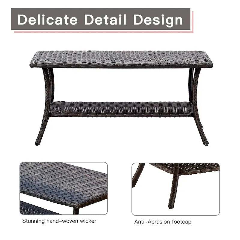 Table basse d'extérieur en osier Pocassy avec étagère de rangement à 2 niveaux Marron