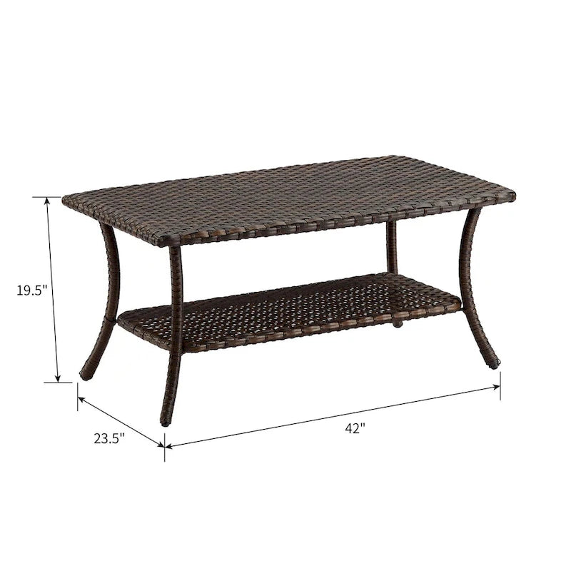 Table basse d'extérieur en osier Pocassy avec étagère de rangement à 2 niveaux Marron