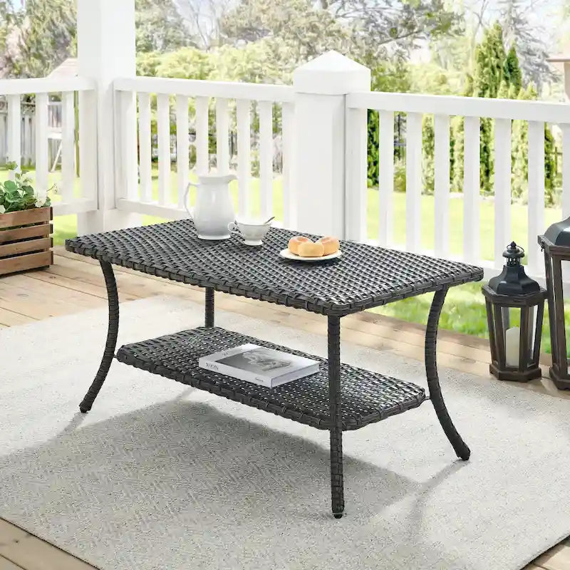 Table basse d'extérieur en osier Pocassy avec étagère de rangement à 2 niveaux Marron