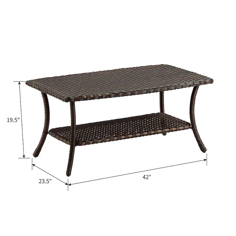 Table basse d'extérieur en osier Pocassy avec étagère de rangement à 2 niveaux Marron