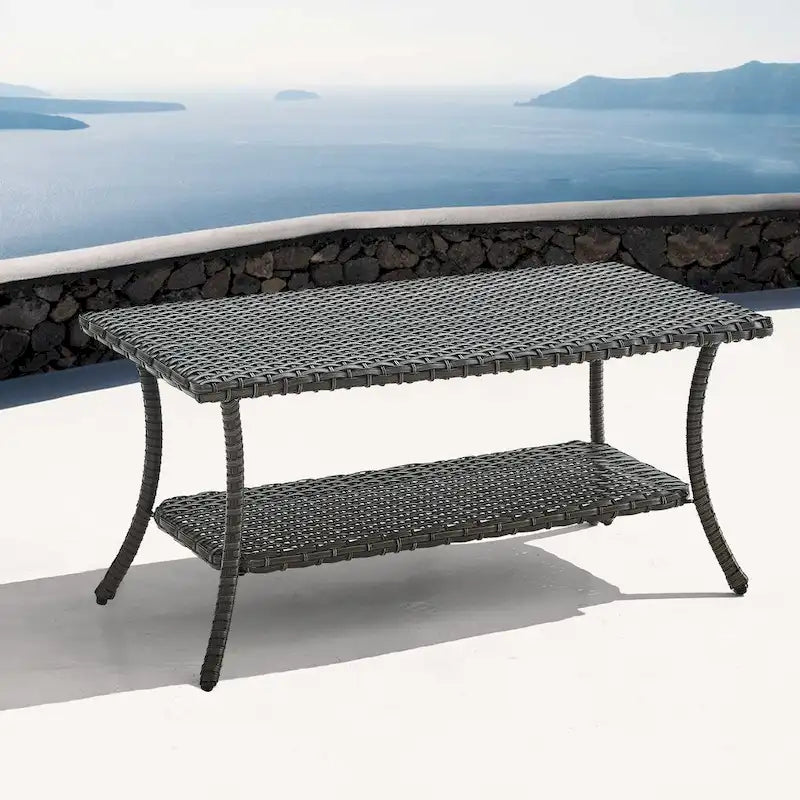 Table basse d'extérieur en osier Pocassy avec étagère de rangement à 2 niveaux Marron