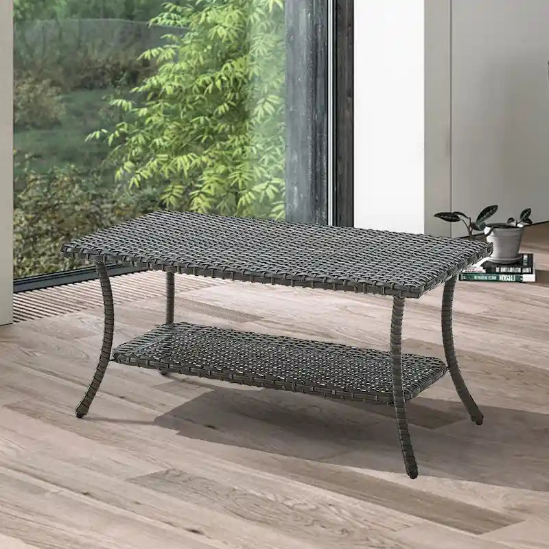 Table basse d'extérieur en osier Pocassy avec étagère de rangement à 2 niveaux Marron