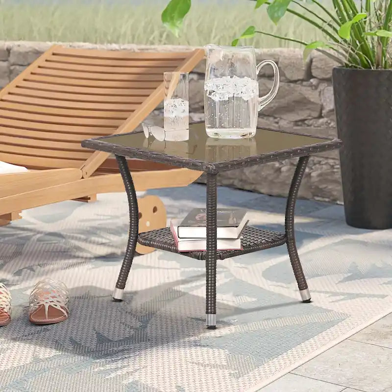 Table d'appoint carrée d'extérieur en osier, table basse de patio à 2 niveaux
