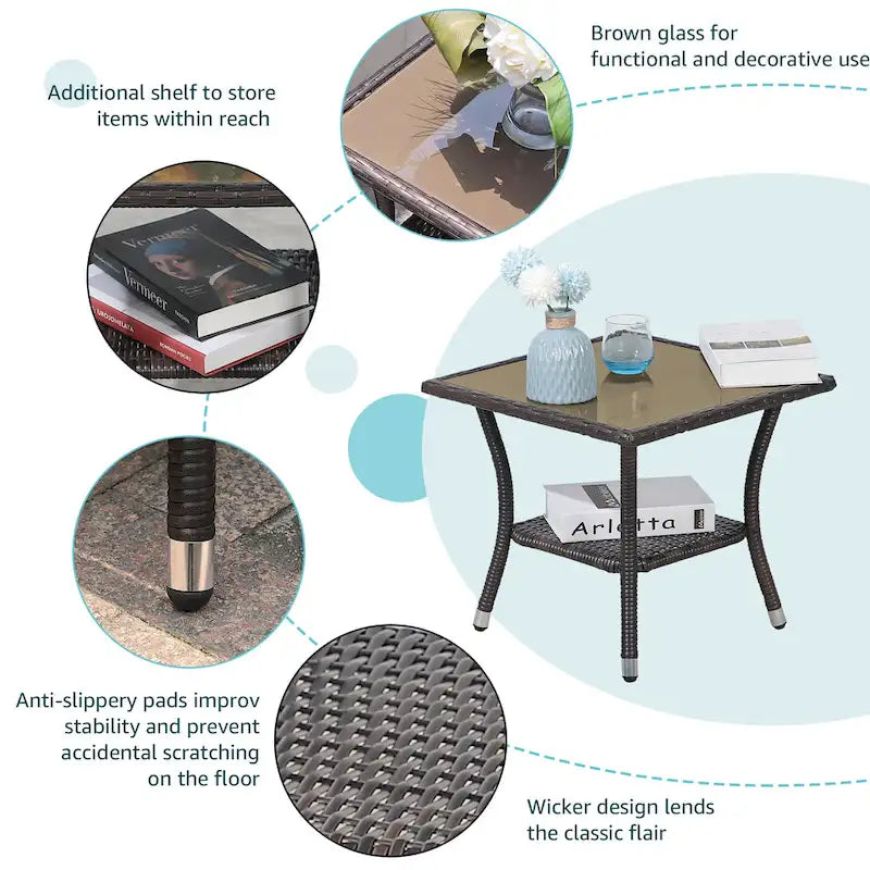 Table d'appoint carrée d'extérieur en osier, table basse de patio à 2 niveaux