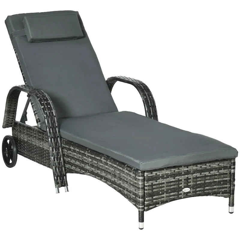 Chaise longue de jardin individuelle Outsunny en osier avec coussins, transat d'extérieur en rotin PE sur roues avec dossier réglable en hauteur