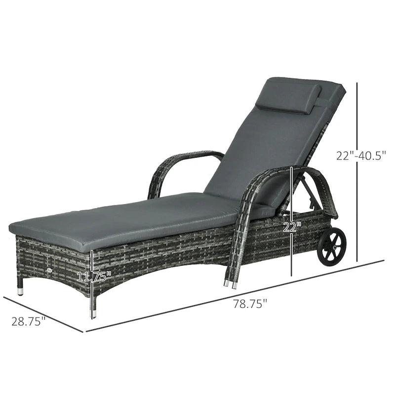 Chaise longue de jardin individuelle Outsunny en osier avec coussins, transat d'extérieur en rotin PE sur roues avec dossier réglable en hauteur