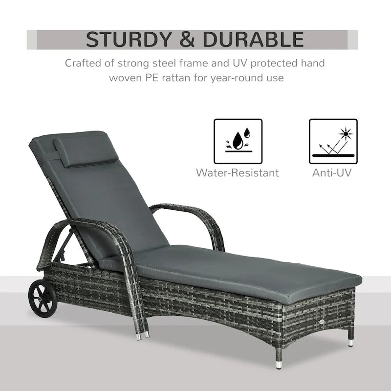 Chaise longue de jardin individuelle Outsunny en osier avec coussins, transat d'extérieur en rotin PE sur roues avec dossier réglable en hauteur