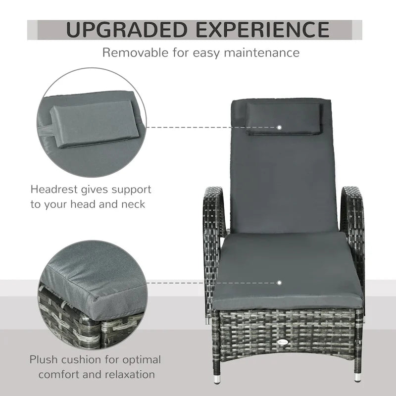 Chaise longue de jardin individuelle Outsunny en osier avec coussins, transat d'extérieur en rotin PE sur roues avec dossier réglable en hauteur