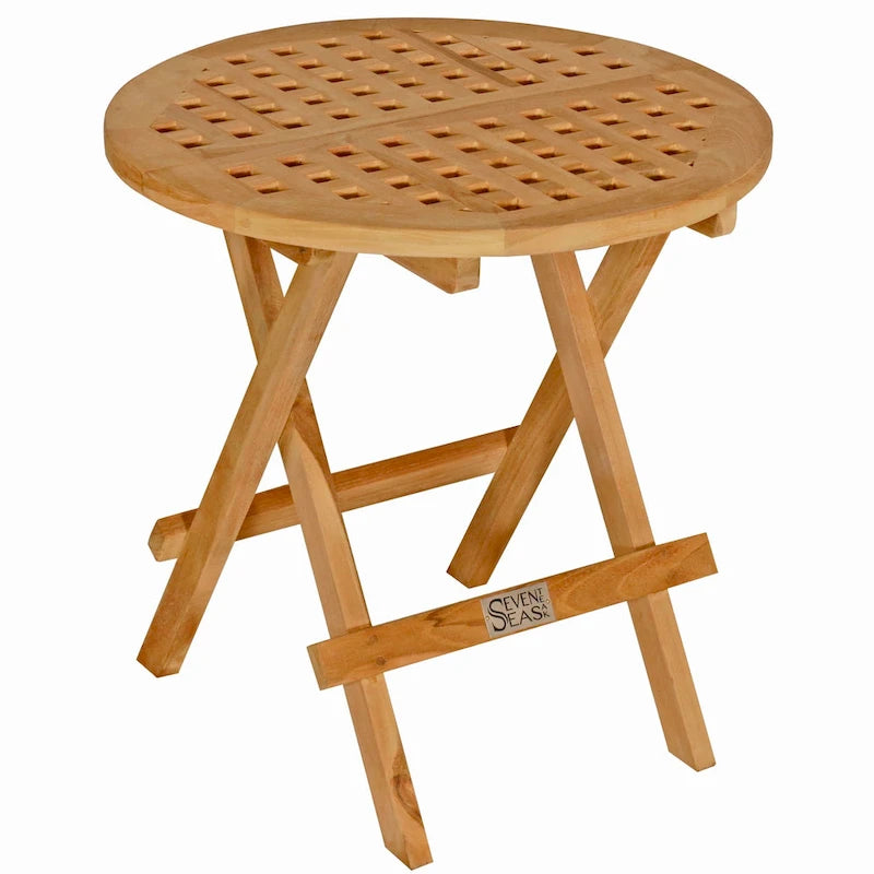 Table de pique-nique pliante ronde en teck de la marque Seven Seas avec poignée de transport