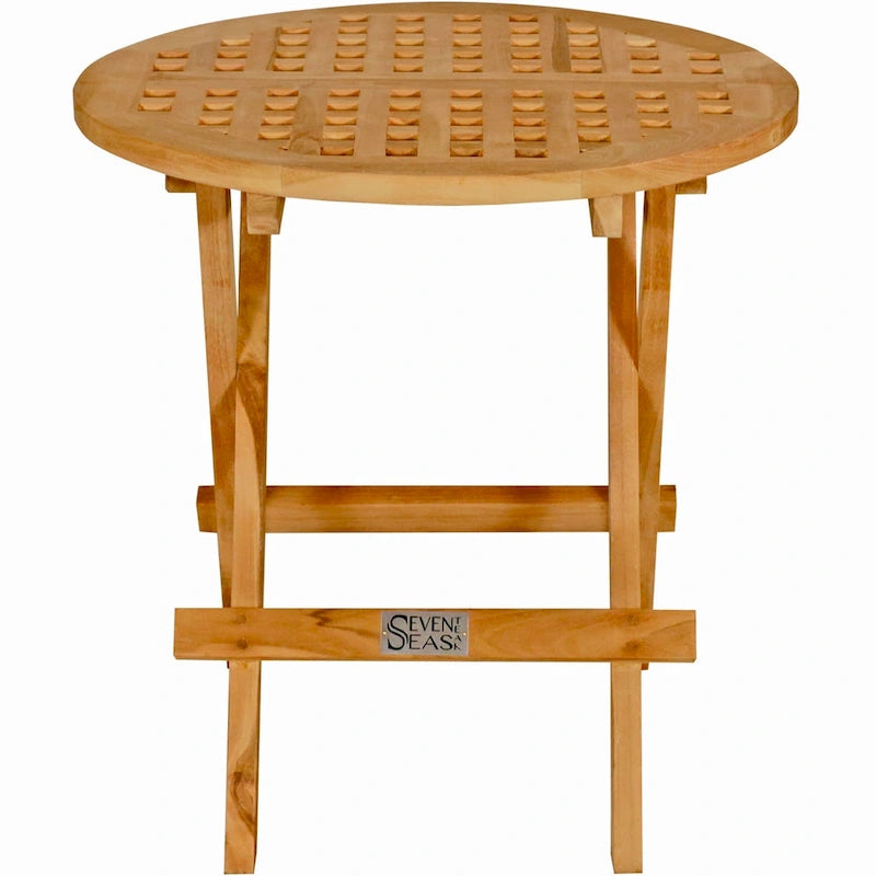 Table de pique-nique pliante ronde en teck de la marque Seven Seas avec poignée de transport