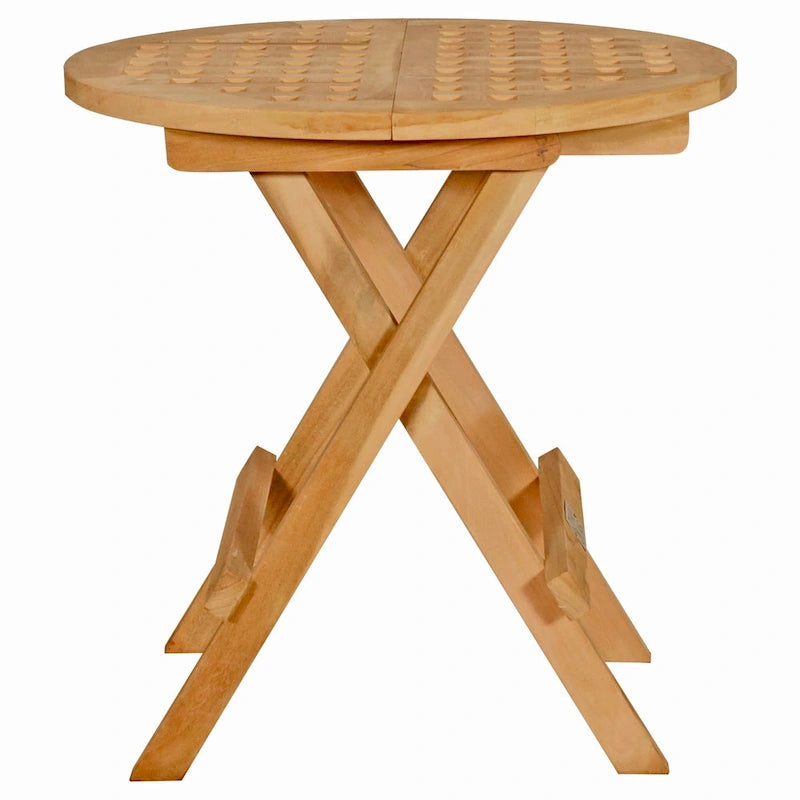 Table de pique-nique pliante ronde en teck de la marque Seven Seas avec poignée de transport