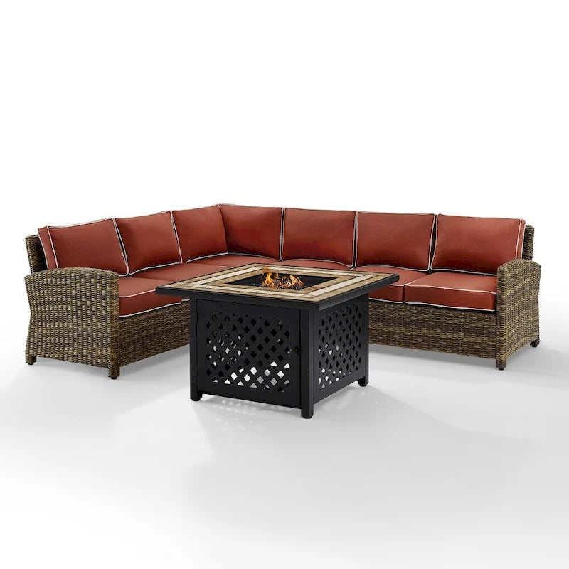 Crosley Bradenton Ensemble de conversation 5 pièces en osier avec coussins couleur Sangria – 115,75 l x 85,75 P x 32,5 H
